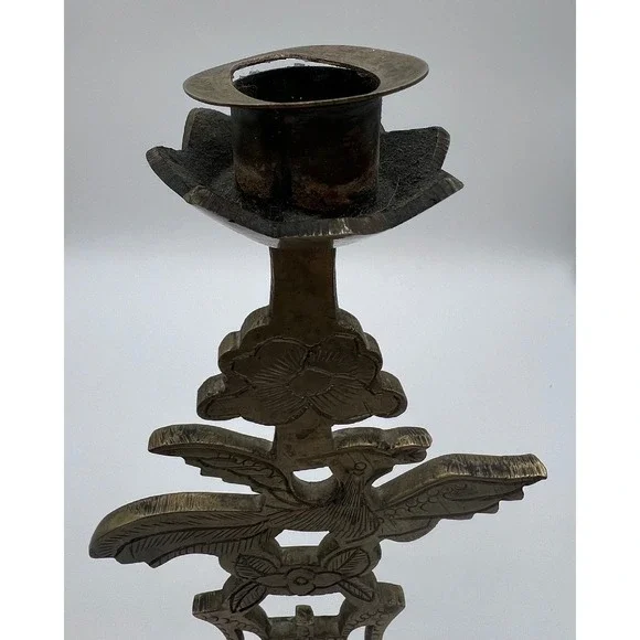 Vintage Brass Candlestick Holder Asian Inspired Bird & Floral Design Decor - Picture 10 of 12